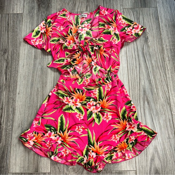 Show Me Your MuMu Pants - SMYM SHOW ME YOUR MUMU Riviera Romper Pink Tropical Cutout Knot Vacation